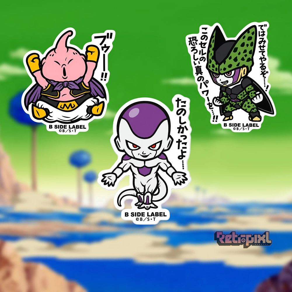Dragon Ball characters Perfect Cell, Frieza, Majin Buu stickers on RetroPixl.com for retro gaming collectors, retrogaming players and anime collectibles and gadgets