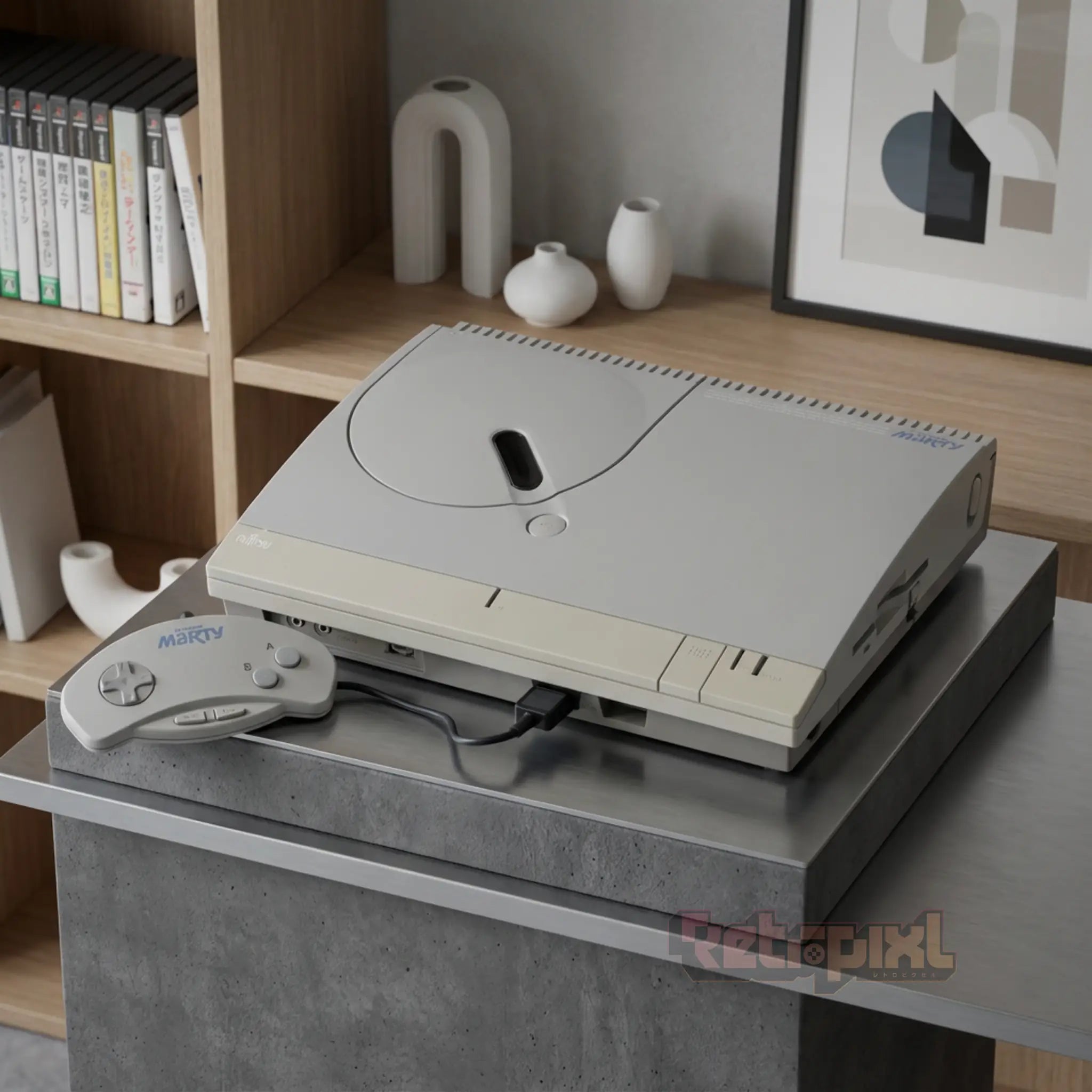 Fujitsu Fm Tows Marty console for retro gaming players and collectors on RetroPixl in collector's background