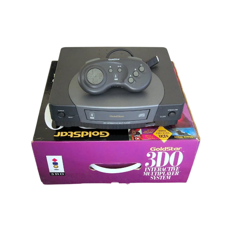 Goldstar 3DO console sitting on its box for retro gaming players and collectors on RetroPixl