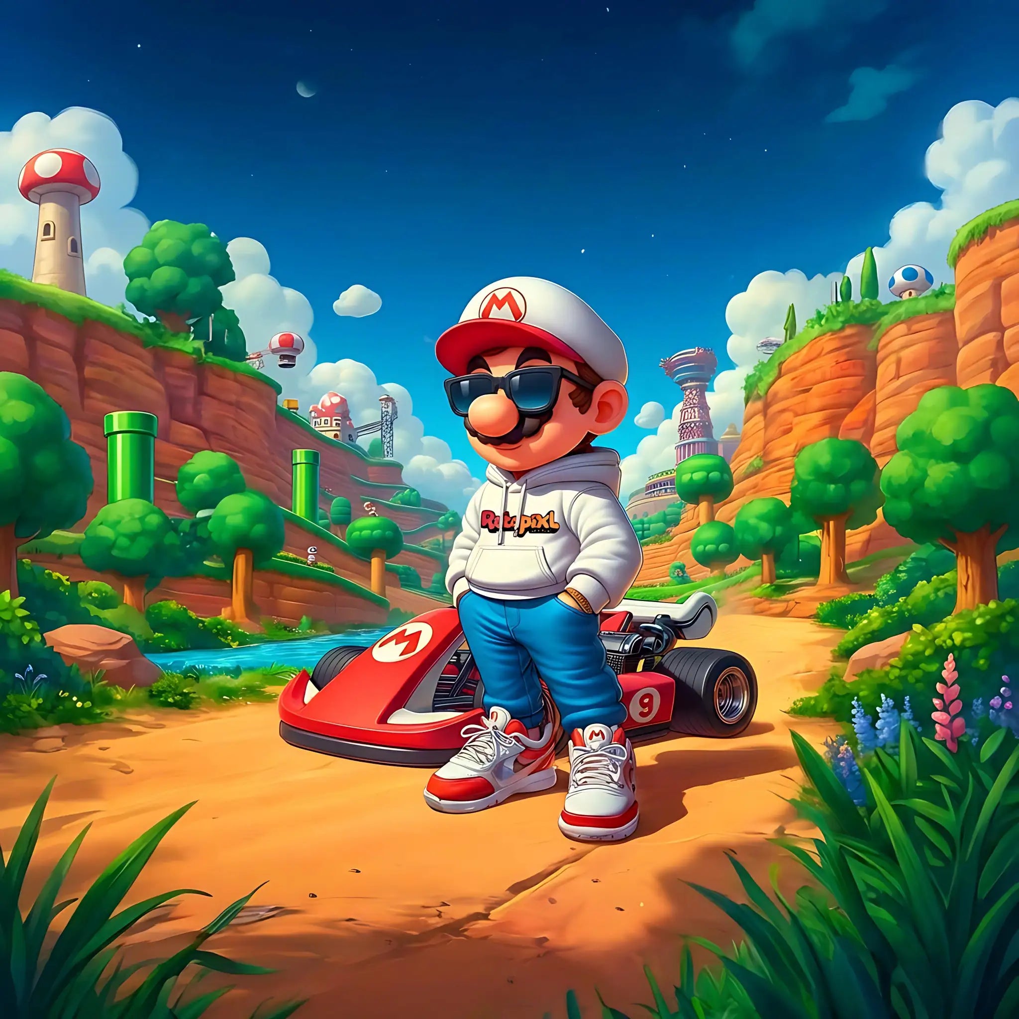 Mario wearing a RetroPixl hoodie in front of his cart for retro gaming players and collectors