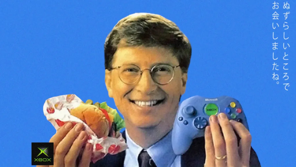 Japanese advertising for the Microsoft Xbox with Bill Gates for retro gaming players and collectors on RetroPixl