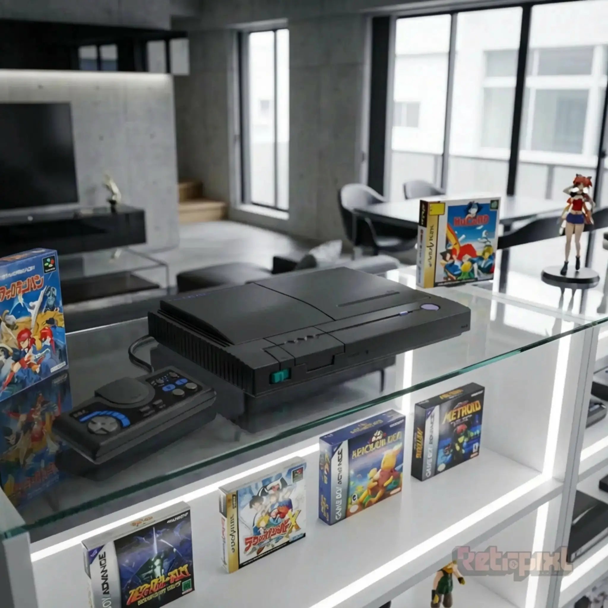 NEC PC Engine Duo retro gaming console displayed in collector's apartment for RetroPixl players and collectors