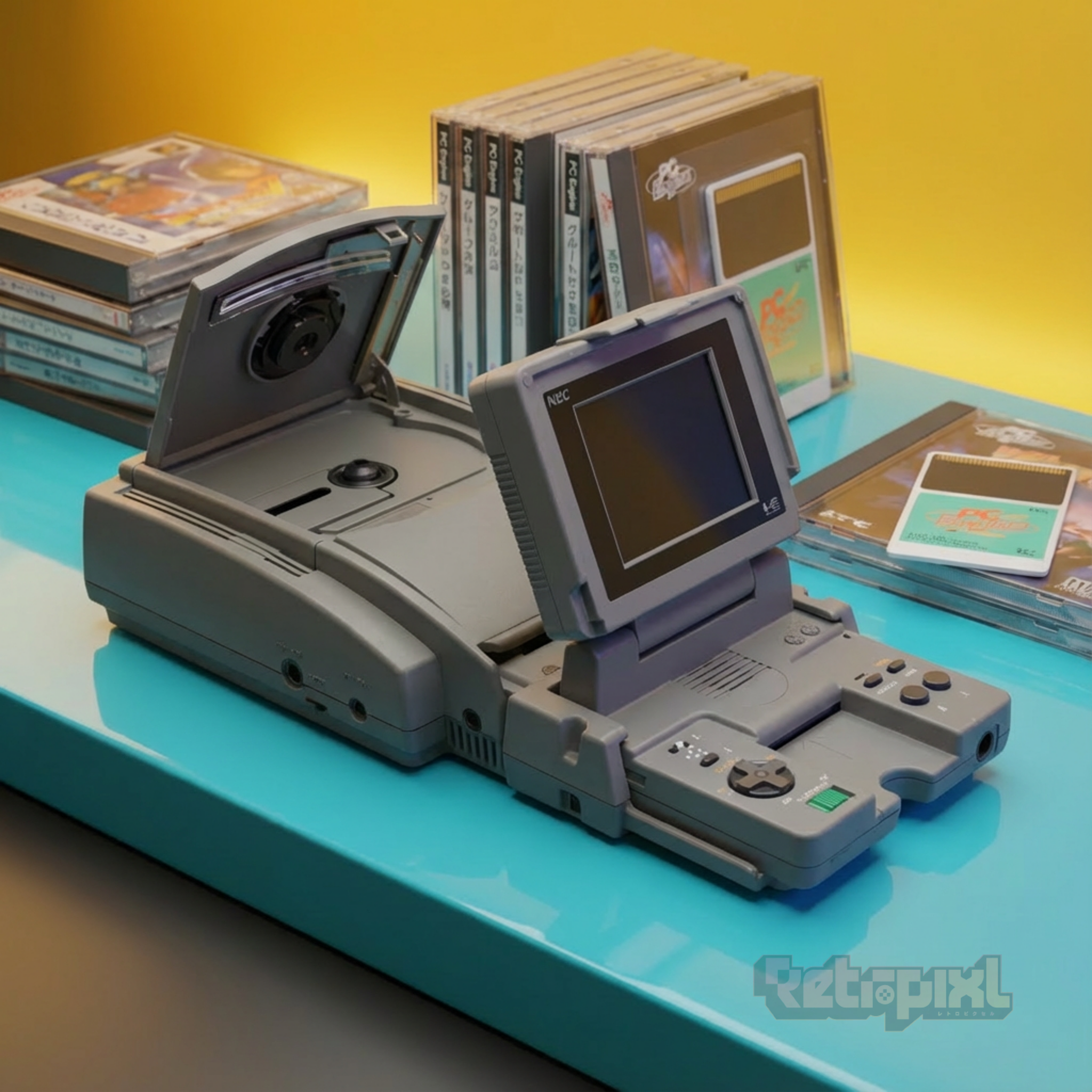 Nec Pc Engine LT attached to the Super CD ROM 2 in a retro gaming room for retro gaming players and collectors on RetroPixl