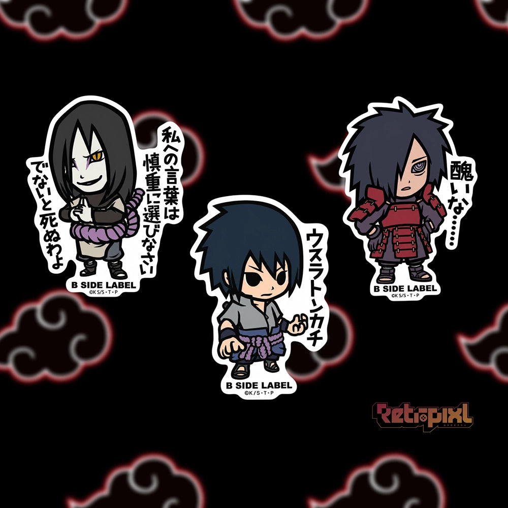 Naruto characters Orochimaru, Uchiha Madara, Uchiha Sasuke on RetroPixl.com for retro gaming collectors, retrogaming players and anime collectibles and gadgets