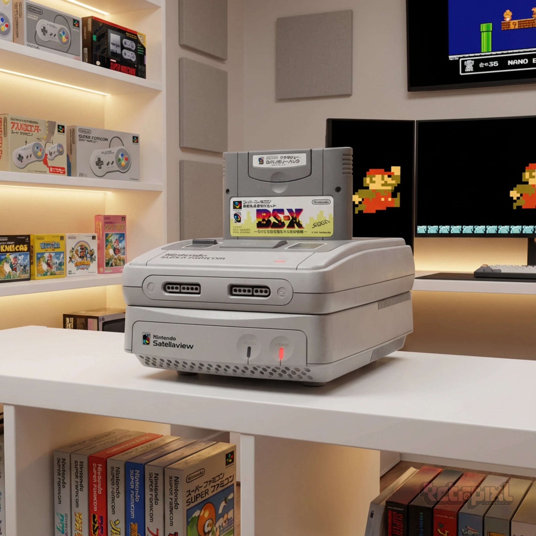 Nintendo Satellaview accessory connected to Super Famicom in a retro gaming collector's environment for retro gaming players and collectors on RetroPixl