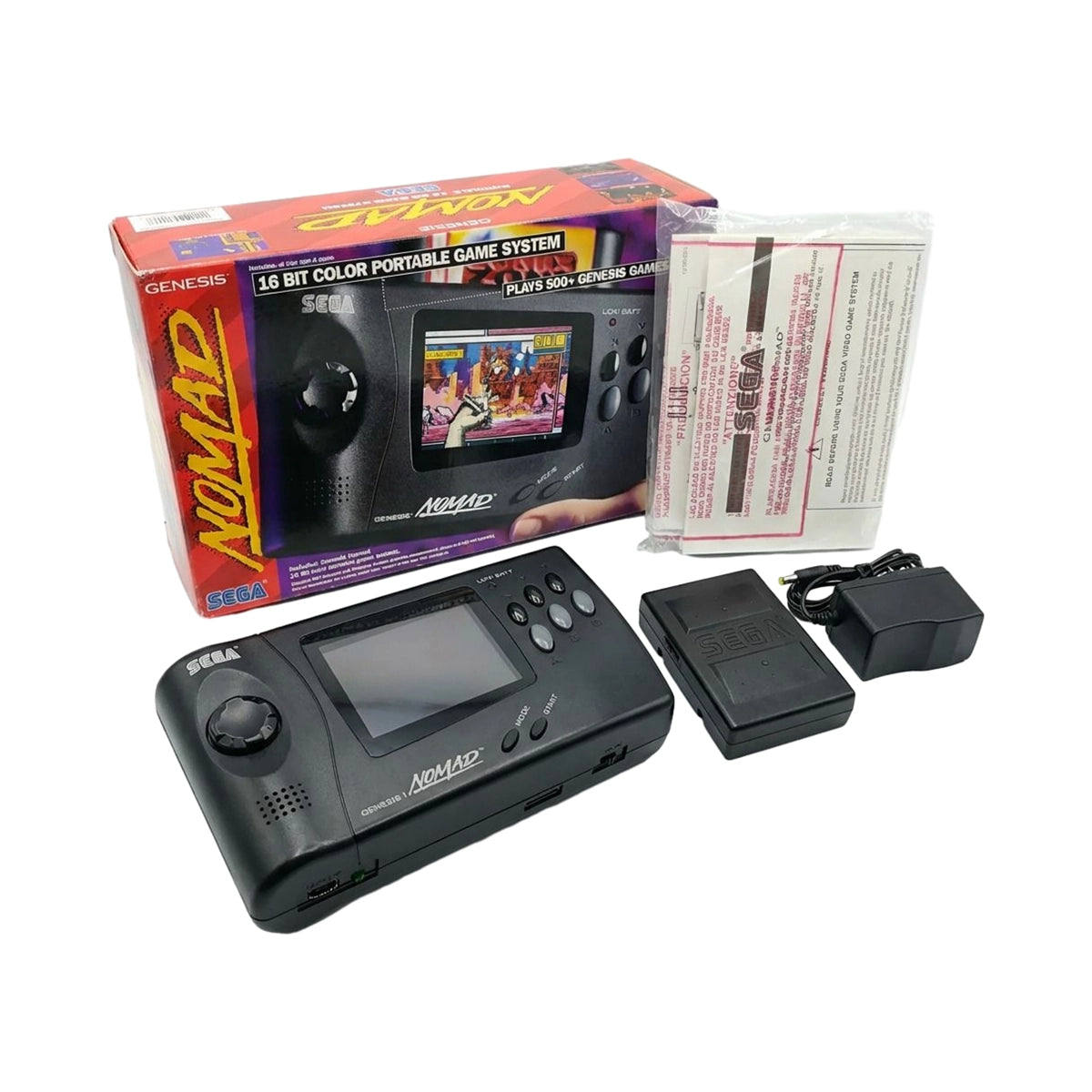 Sega Nomad console box contents on Retropixl.com for retrogaming players and retro gaming collectors