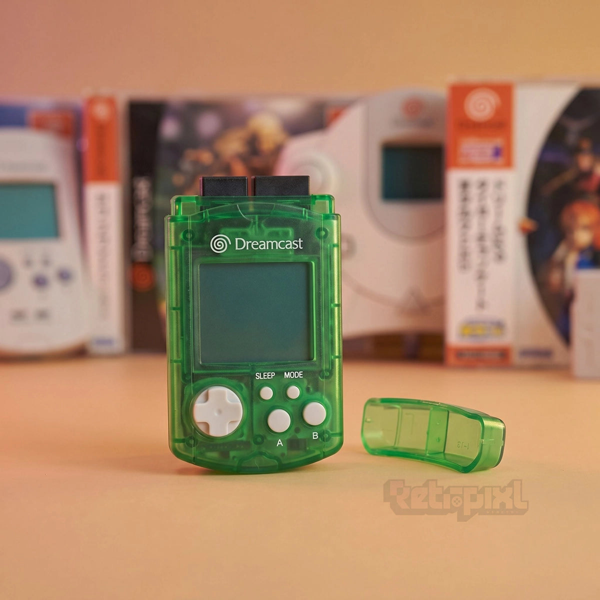 Official Sega VMU HKT-7007-04 Memory accessory in RetroPixl Studio on RetroPixl.com for retro gaming players and retrogaming collectors