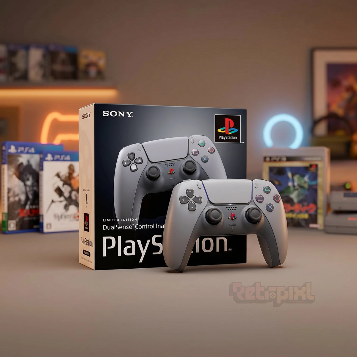 Official Sony DualSense PS5 30th Anniversary controller in RetroPixl Studio on RetroPixl.com for retro gaming players and retrogaming collectors