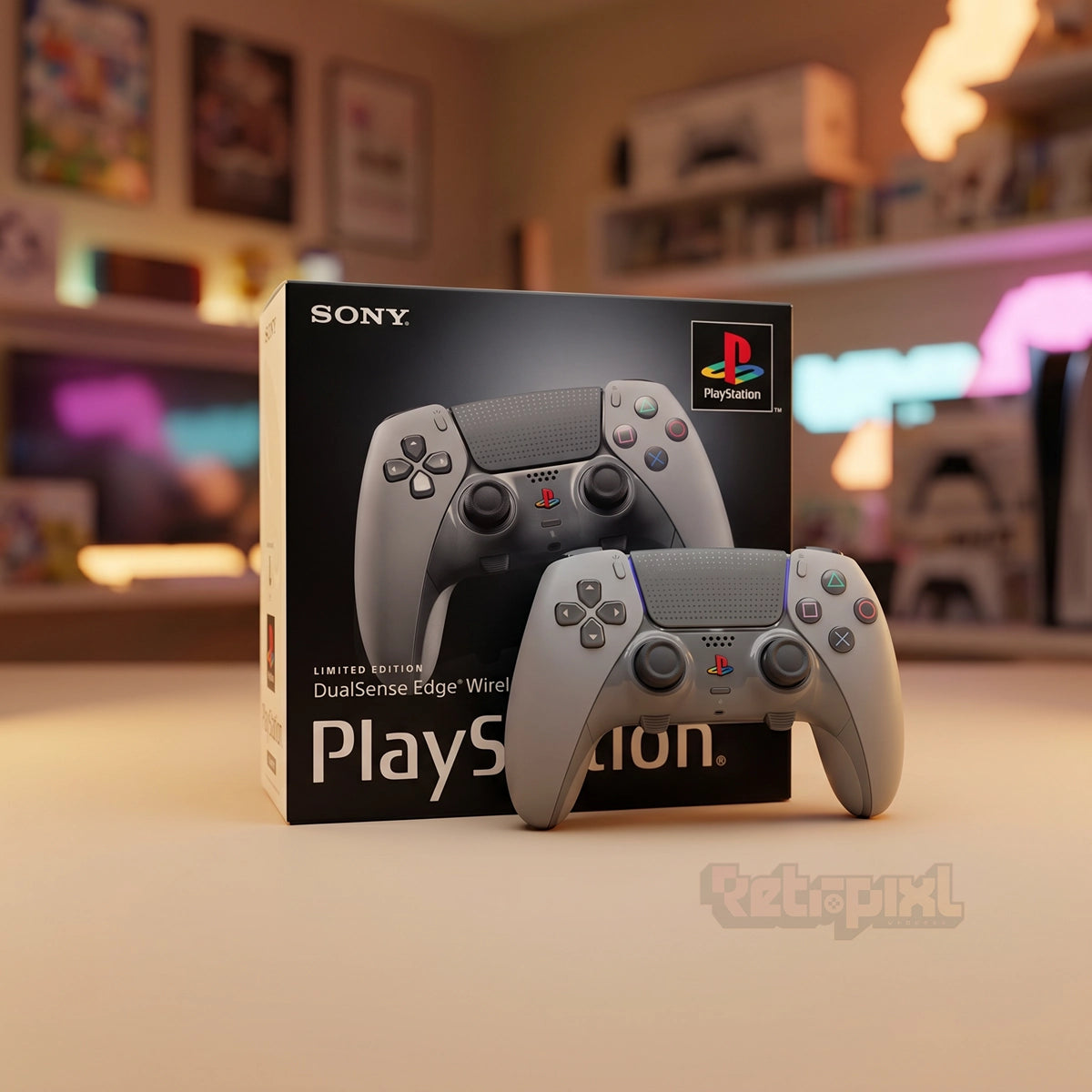Official Sony DualSense Edge PS5 30th Anniversary controller in RetroPixl Studio on RetroPixl.com for retro gaming players and retrogaming collectors