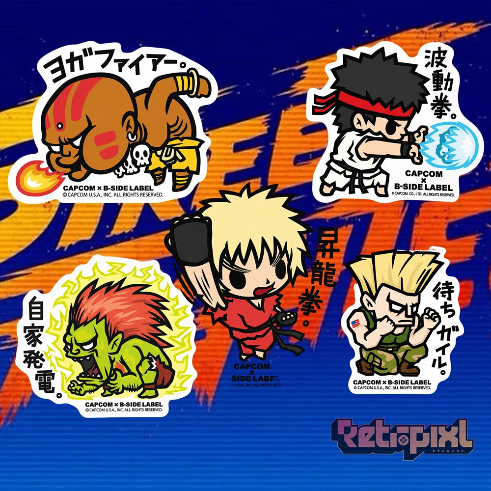 Street Fighter stickers Dhalsim, Ryu, Ken, Blanka, Guile on RetroPixl.com for retro gaming collectors, retrogaming players and anime collectibles and gadgets