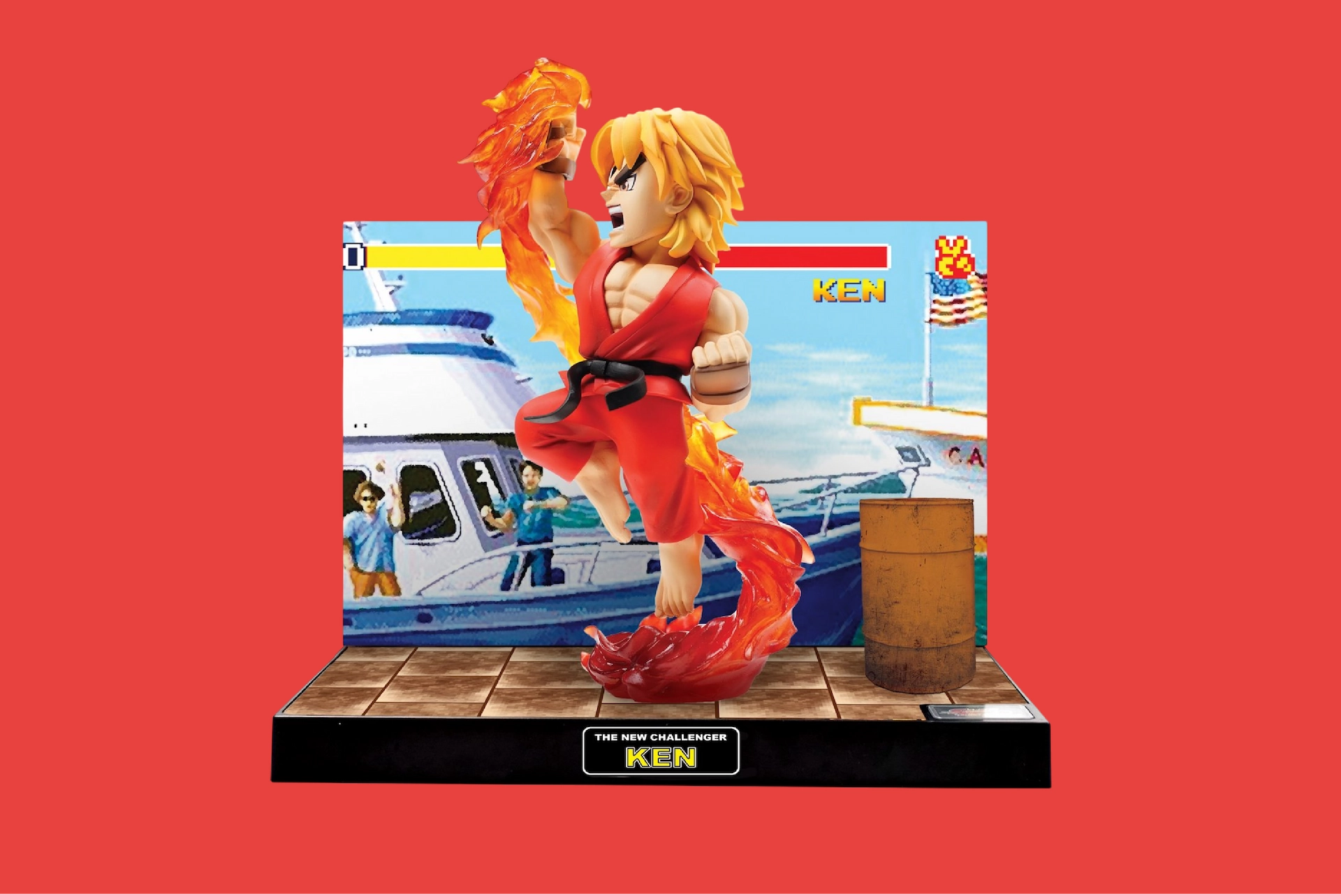 Street Fighter Ken collectible figure with retro gaming backdrop, representing RetroPixl’s Collectibles collection of rare gaming merchandise.