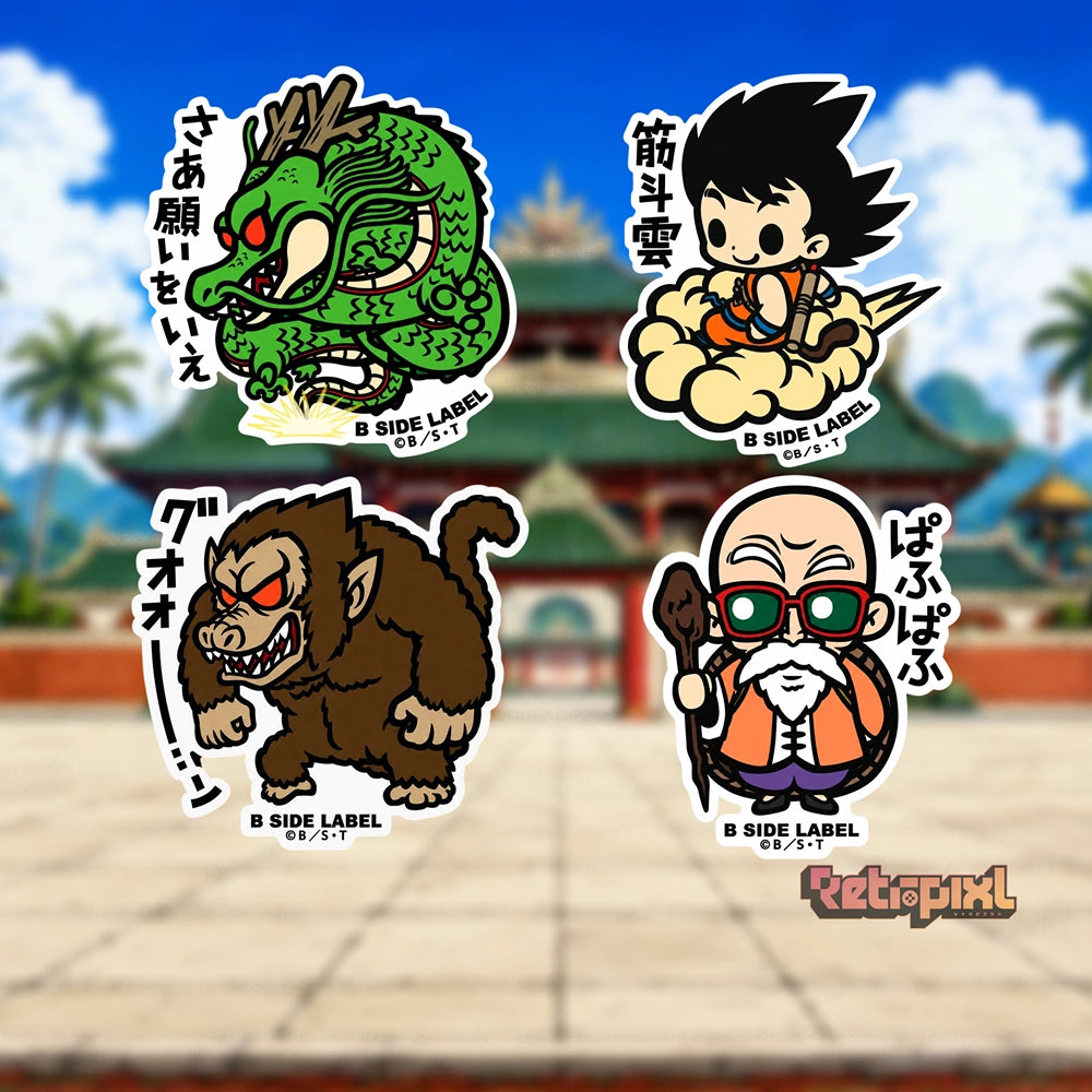 Dragon Ball characters Kid Goku, Master Roshi, Great Ape, Shenron stickers on RetroPixl.com for retro gaming collectors, retrogaming players and anime collectibles and gadgets