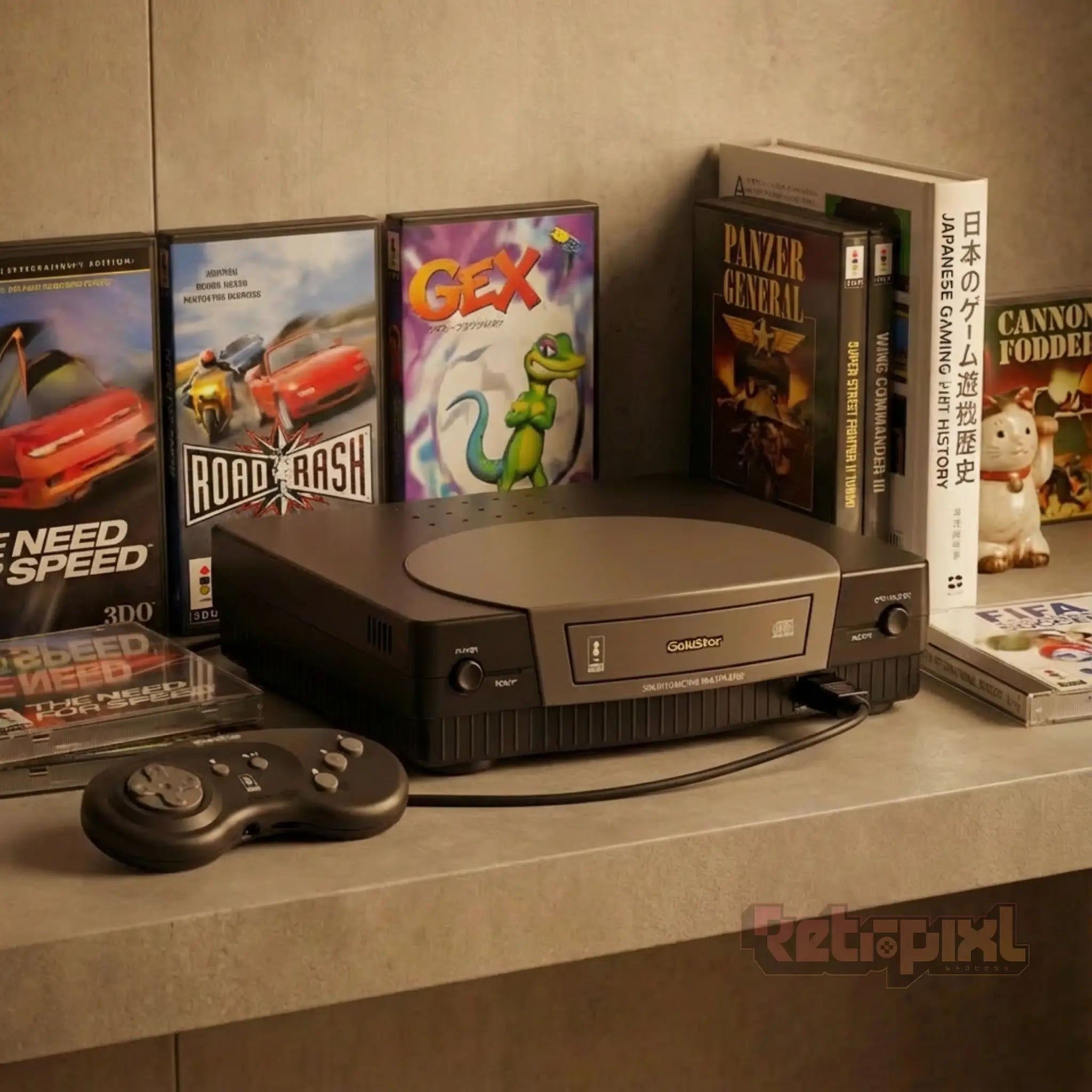 Goldstar 3DOm console for retro gaming players and collectors on RetroPixl in collector's background