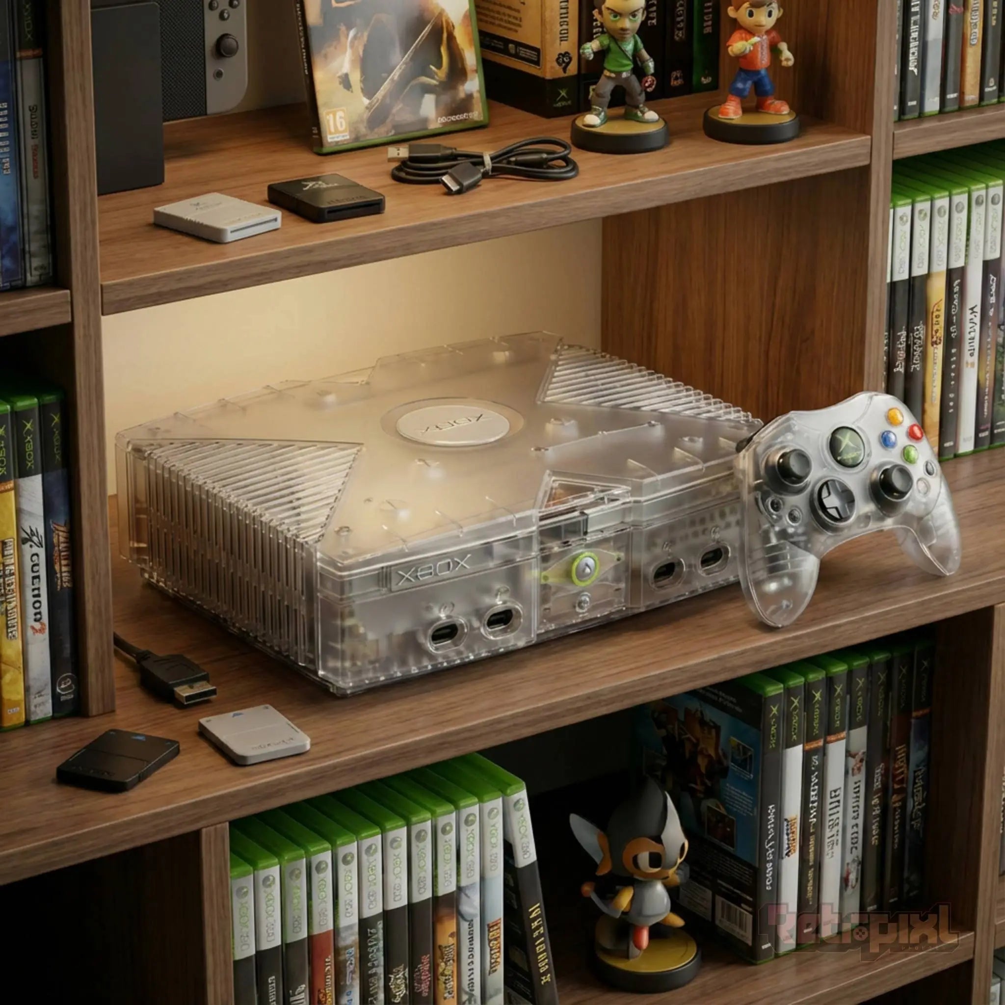 Microsoft Xbox Crystal Console for Colelctors on RetroPixl on a Shelf with retro Gaming games and accessories