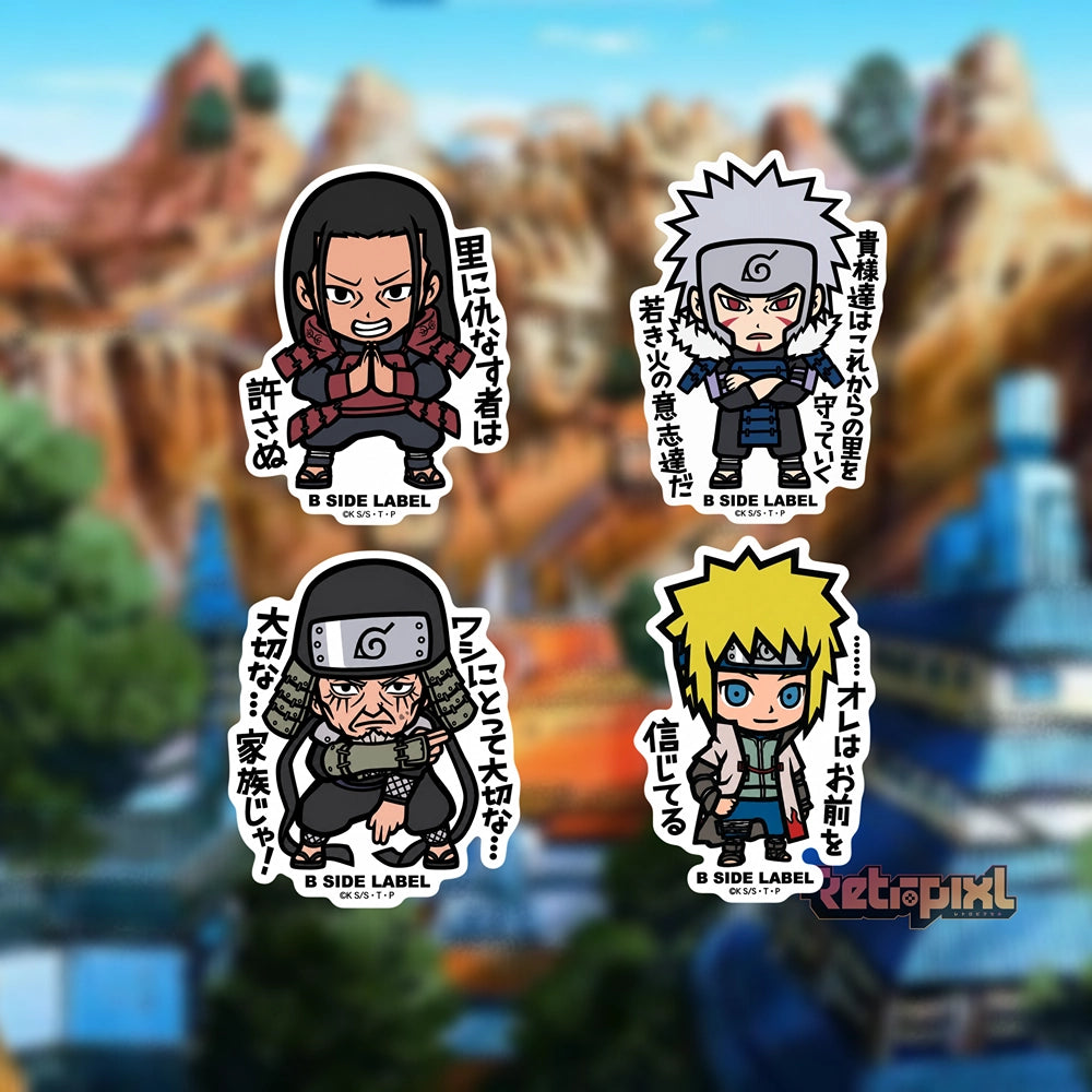 Naruto characters Hokages Hashirame 1st Hokage, nidaime 2nd Hokage, Sandaime Sarutobi, 4th Hokage stickers on RetroPixl.com for retro gaming collectors, retrogaming players and anime collectibles and gadgets