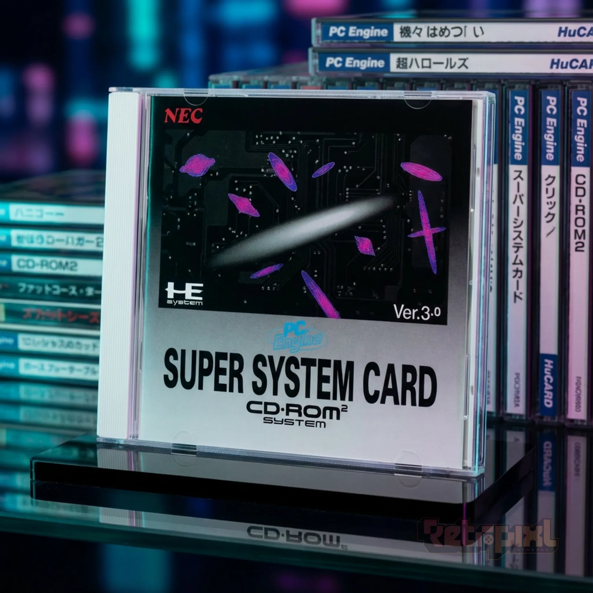 PC Engine Super System Card 3.0 HuCARD in game room for retro gaming players and collectors on RetroPixl