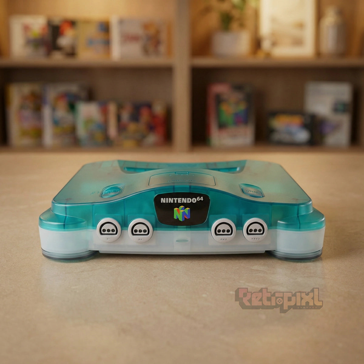 Nintendo N64 clear blue console in RetroPixl studio on RetroPixl.com for retro gaming players and retrogaming collectors