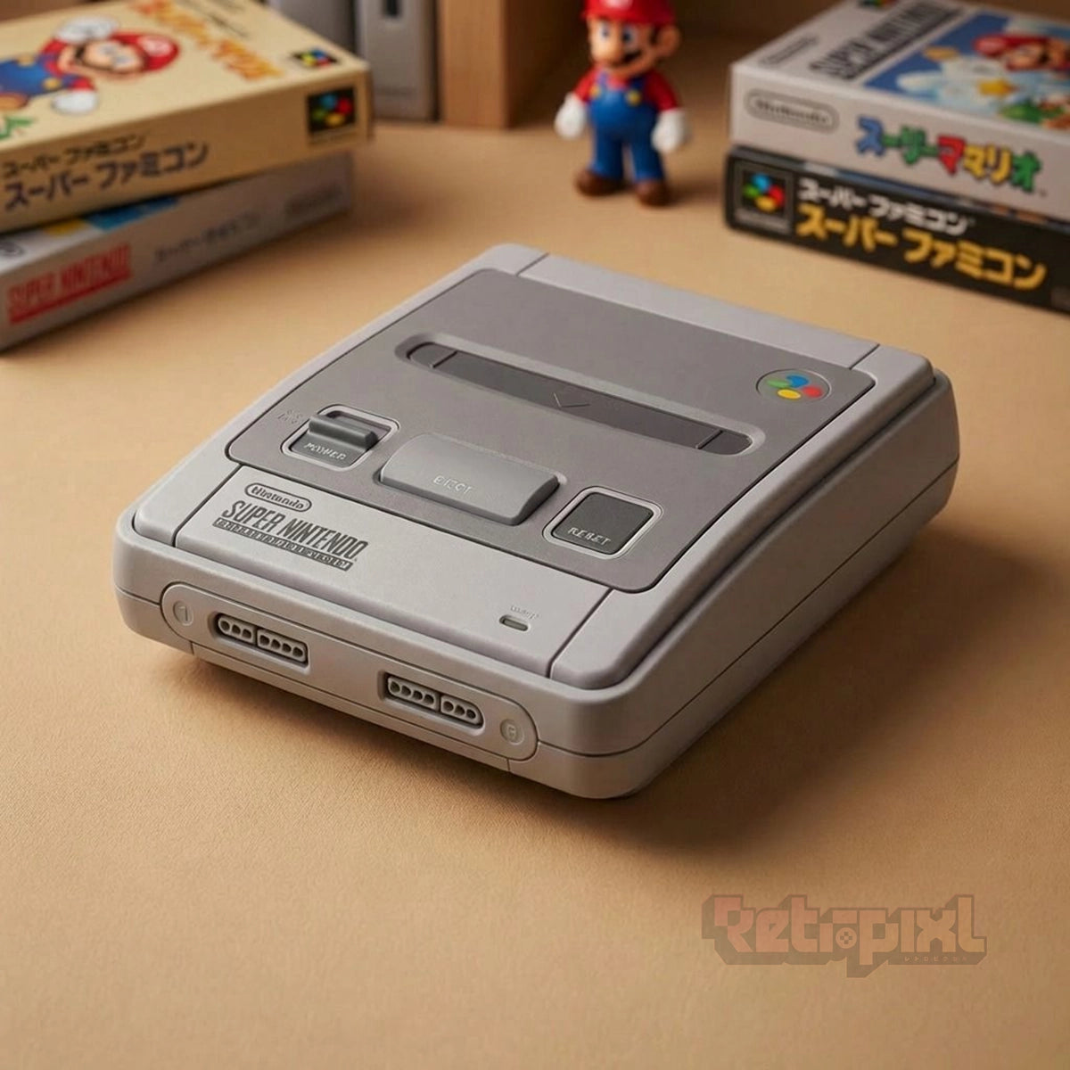 Nintendo Super Nintendo Mini EUR edition console in Retropixl studio box for retrogaming players and retro gaming collectors on Retropixl.com