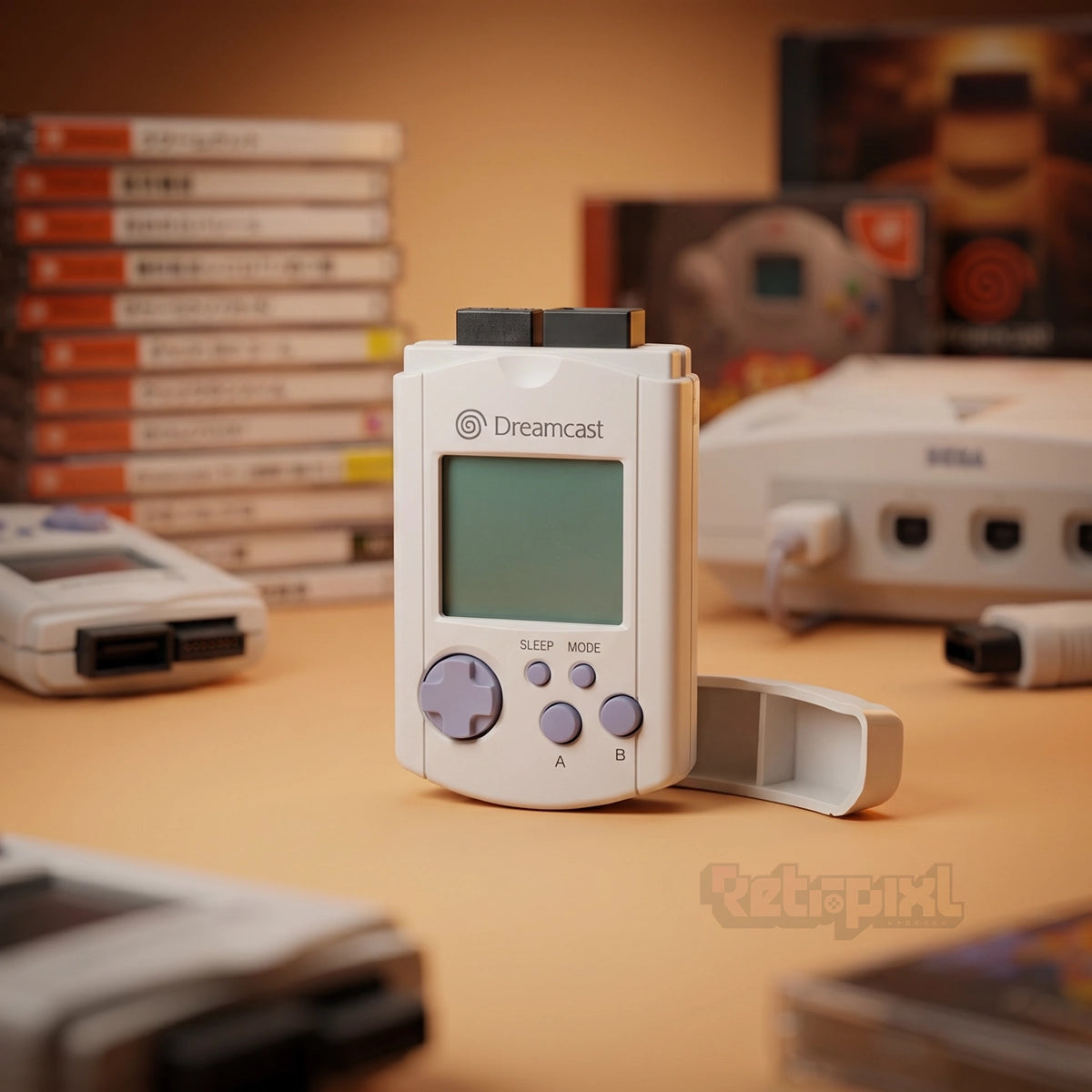 Official Sega VMU HKT-7002 Memory accessory in RetroPixl Studio on RetroPixl.com for retro gaming players and retrogaming collectors