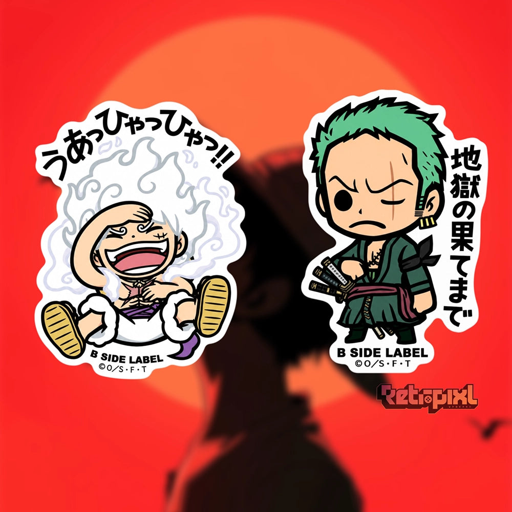 One piece characters Luffy and Zoro  stickers on RetroPixl.com for retro gaming collectors, retrogaming players and anime collectibles and gadgets