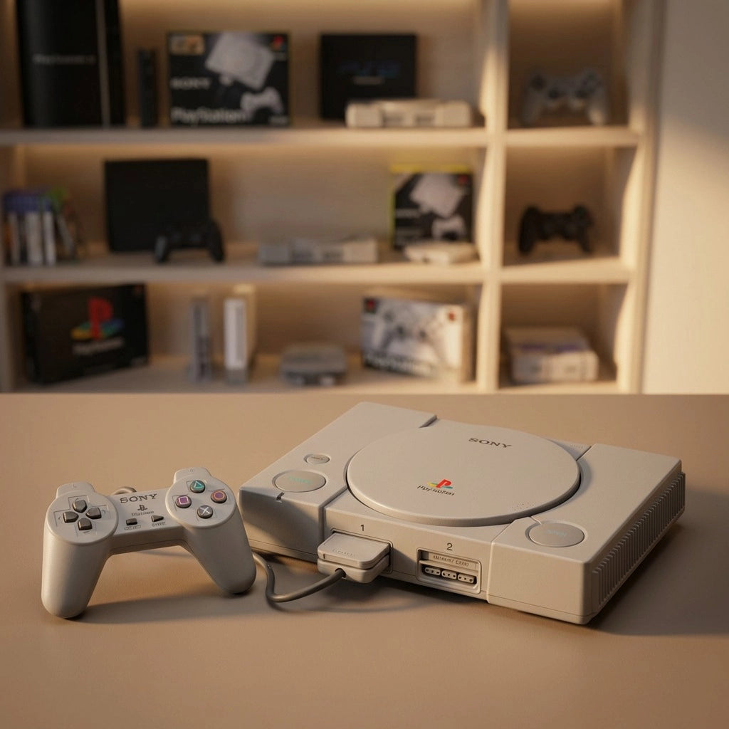 Sony Playstation 1 console  and analogue controller in RetroPixl Studio on Retropixl.com for retrogaming players and retro gaming collectors