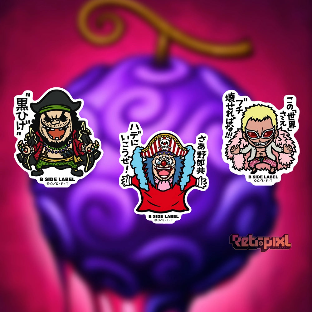 One piece character Black Beard BlackBeard, Doflamingo, Buggy sticker on RetroPixl.com for retro gaming collectors, retrogaming players and anime collectibles and gadgets