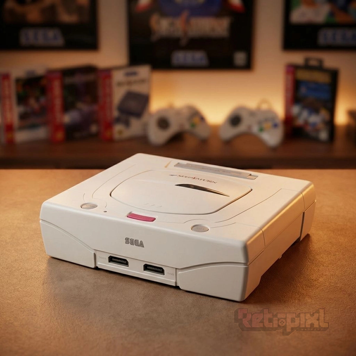 White Sega Saturn HST-0014 console and controllers in RetroPixl studio for Retropixl.com for retrogaming players and retro gaming collectors