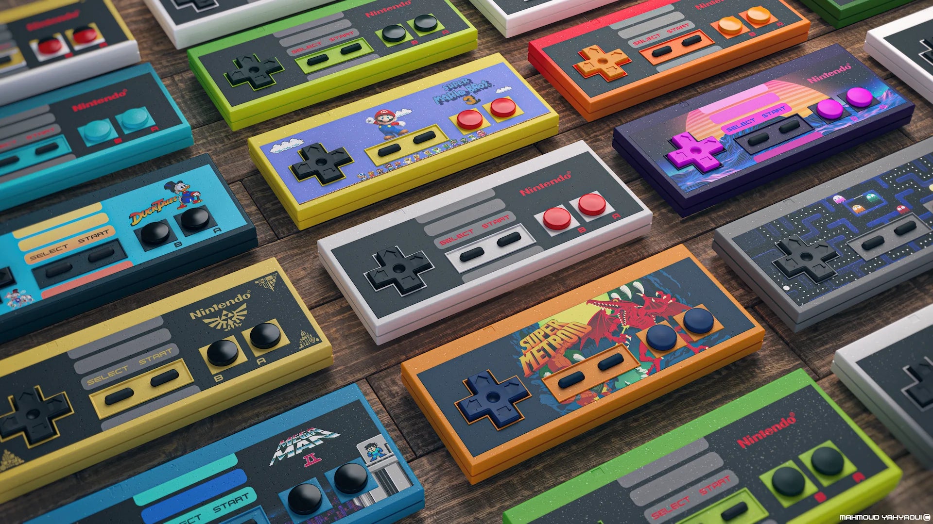 Collection of classic and custom Nintendo NES controllers, highlighting RetroPixl’s focus on retro gaming and collectibles