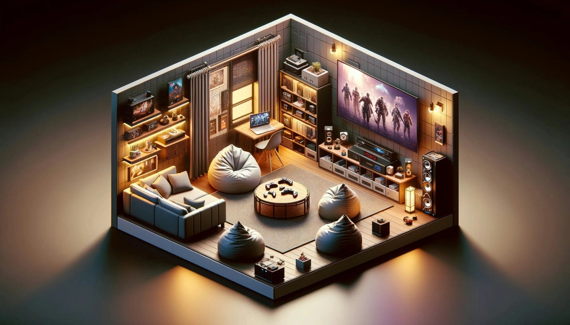 Retro gamer apartment setup with consoles, displays, and RetroPixl collectibles, showcasing gaming nostalgia at home