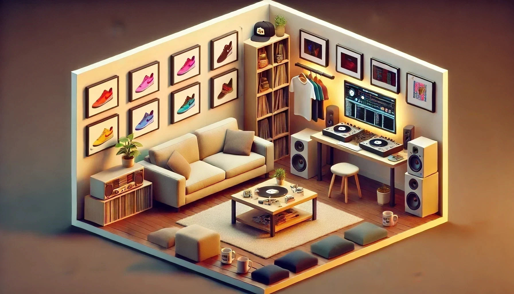 Stylized retro gamer living room showcasing RetroPixl Lab products, highlighting collectibles, apparel, and gaming lifestyle.